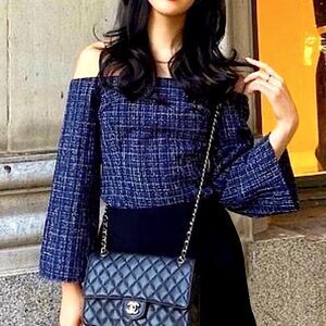 ZARA Tweed Top Off Shoulder Blouse • NEW WITH TAGS • BLOGGER FAVORITE  •